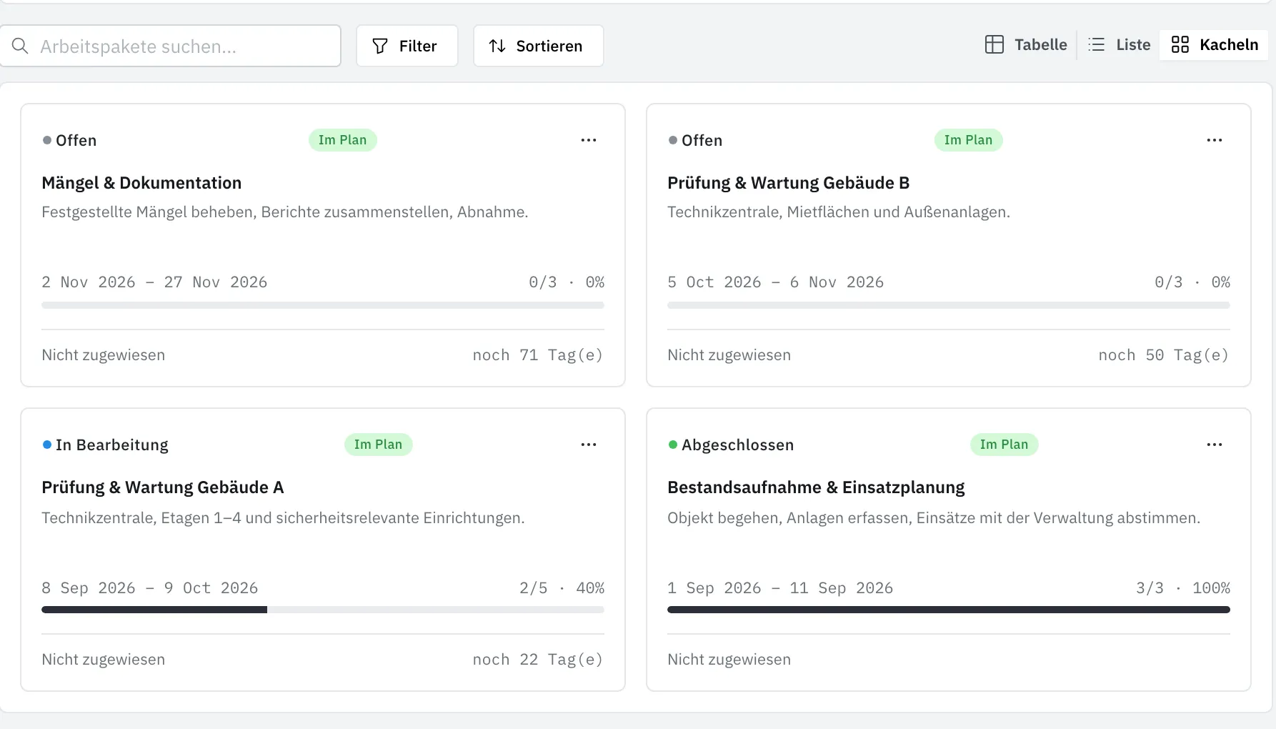 Valiro: Arbeitspakete eines Projekts mit Status, Zeitraum, Fortschritt und Ampel